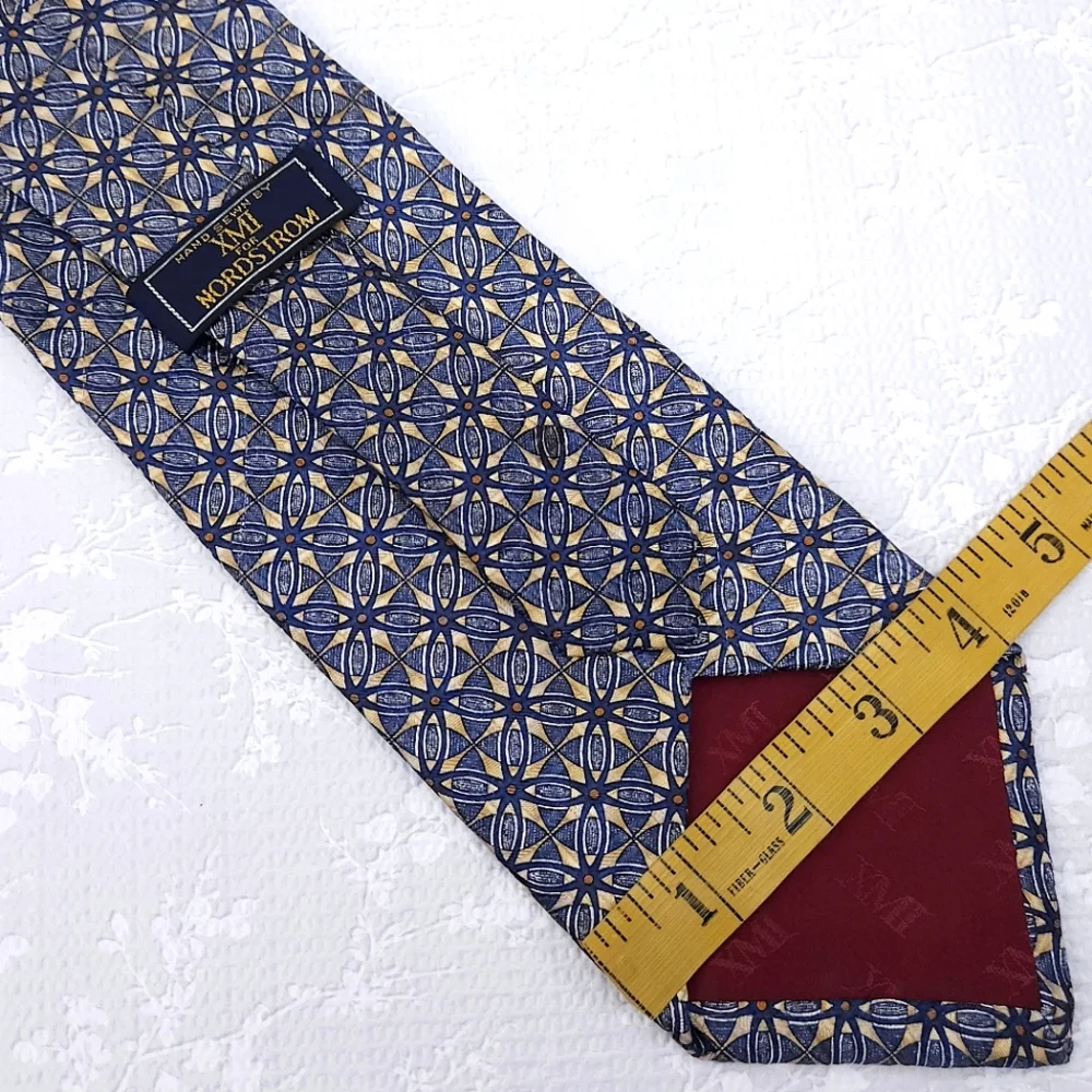 NORDSTOM XMI Silk Tie Blue Gold Geometric Diamond Hand Sewn 57